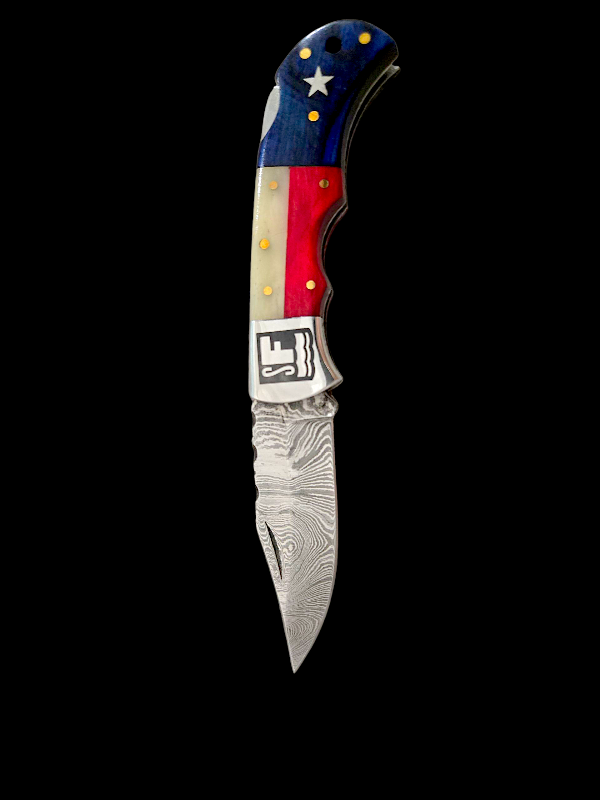 Something's Fishy Branded
516 layered Damascus Folding Pocket knife with USA and Texas flag themed handle 
