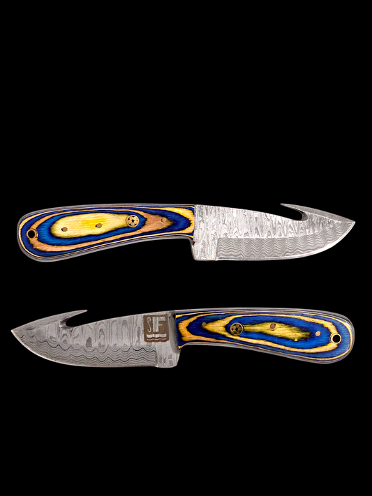 Something's Fishy Damascus gutting knife with leather sheath