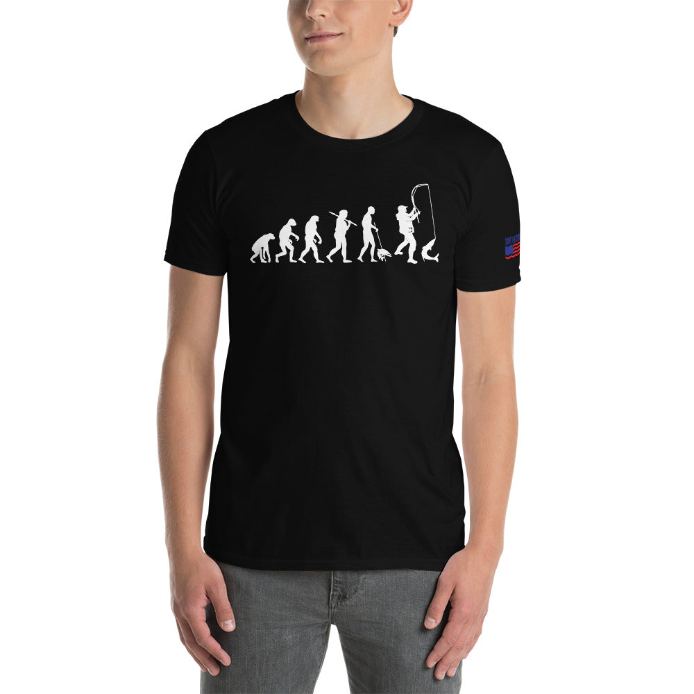 "Fishing Evolution" Fishing unisex t-shirt in white by Something's Fishy