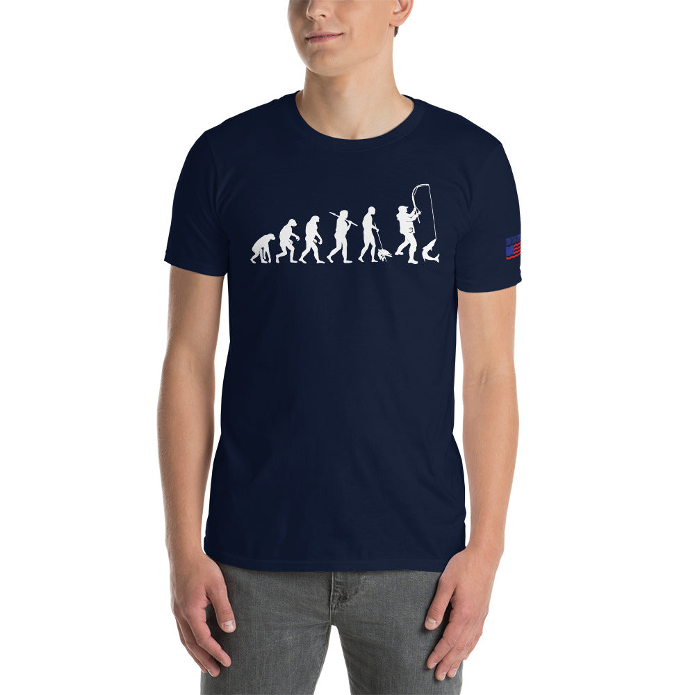 "Fishing Evolution" Fishing unisex t-shirt in white by Something's Fishy